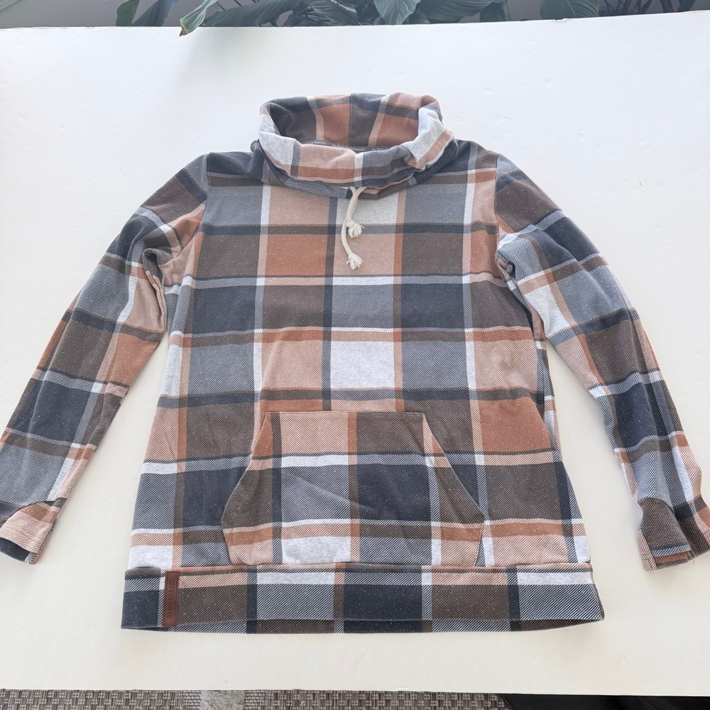 Ampersand Avenue Women XXXL Plaid Cowl Neck Sweatshirt Brown Grey Pocket